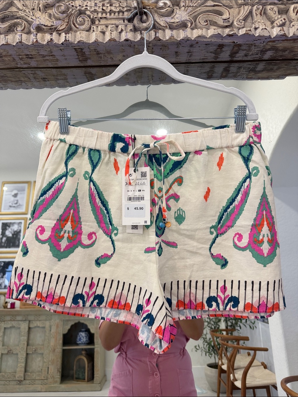 Zara Cream Linen Shorts with Teal, Pink & Orange Ikat Accents